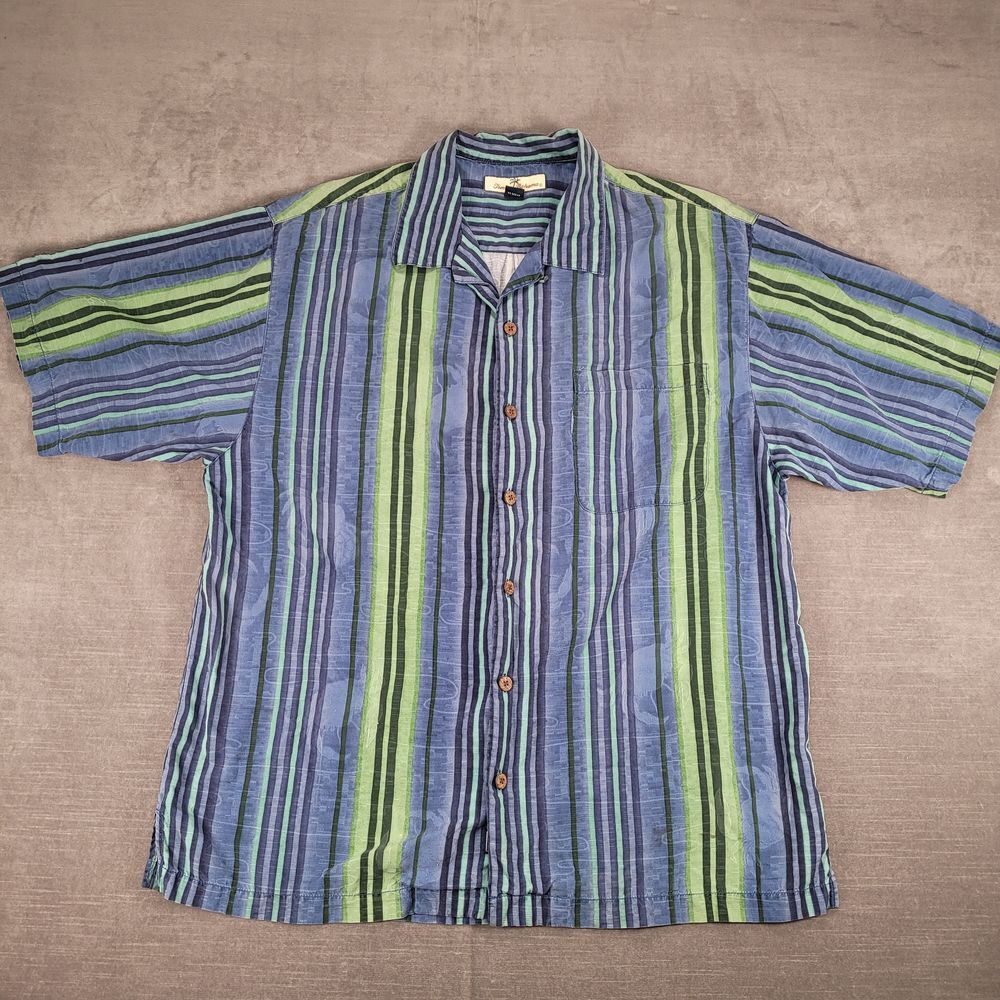 Tommy‎ Bahama 100% Silk Striped Button Down Camp Shirt L